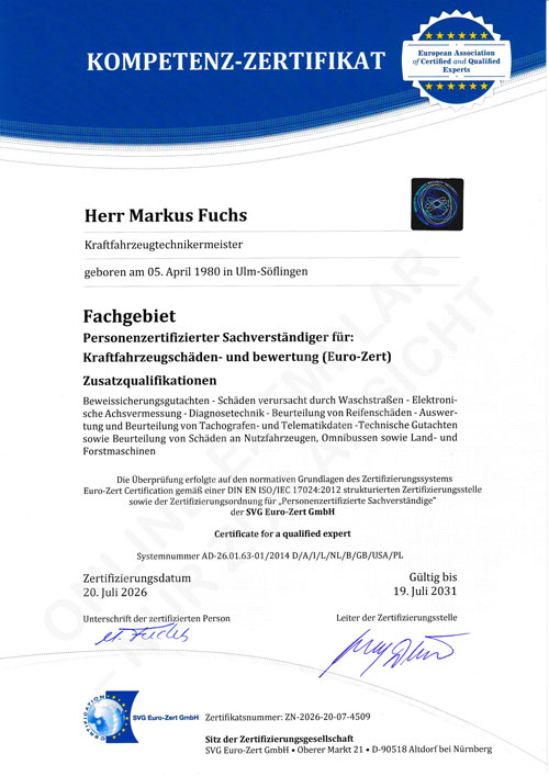 Kompetenz-Zertifikat als personenzertifizierter Sachverständiger für Kraftfahrzeugschäden Markus Fuchs