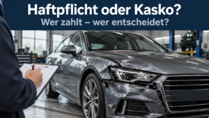 Beschädigtes Auto bei einer Schadenaufnahme mit der Überschrift „Haftpflicht oder Kasko? Wer zahlt – wer entscheidet?“